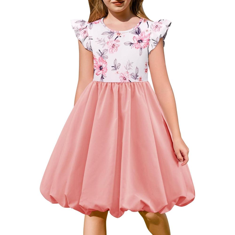 imageArshiner Tween Girls Summer Bubble Dress Ruffle Sleeve Casual Party Midi DressesPink Floral