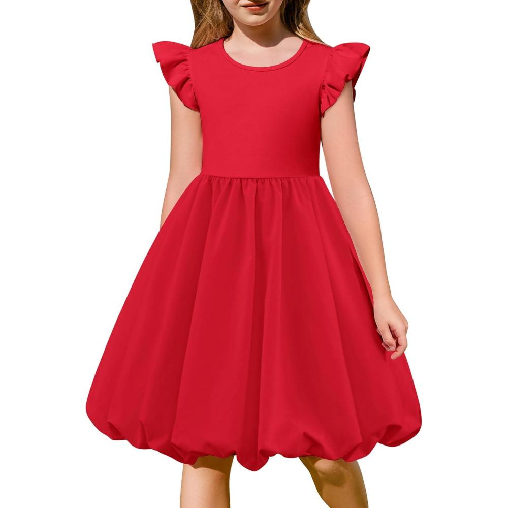 imageArshiner Tween Girls Summer Bubble Dress Ruffle Sleeve Casual Party Midi DressesRed