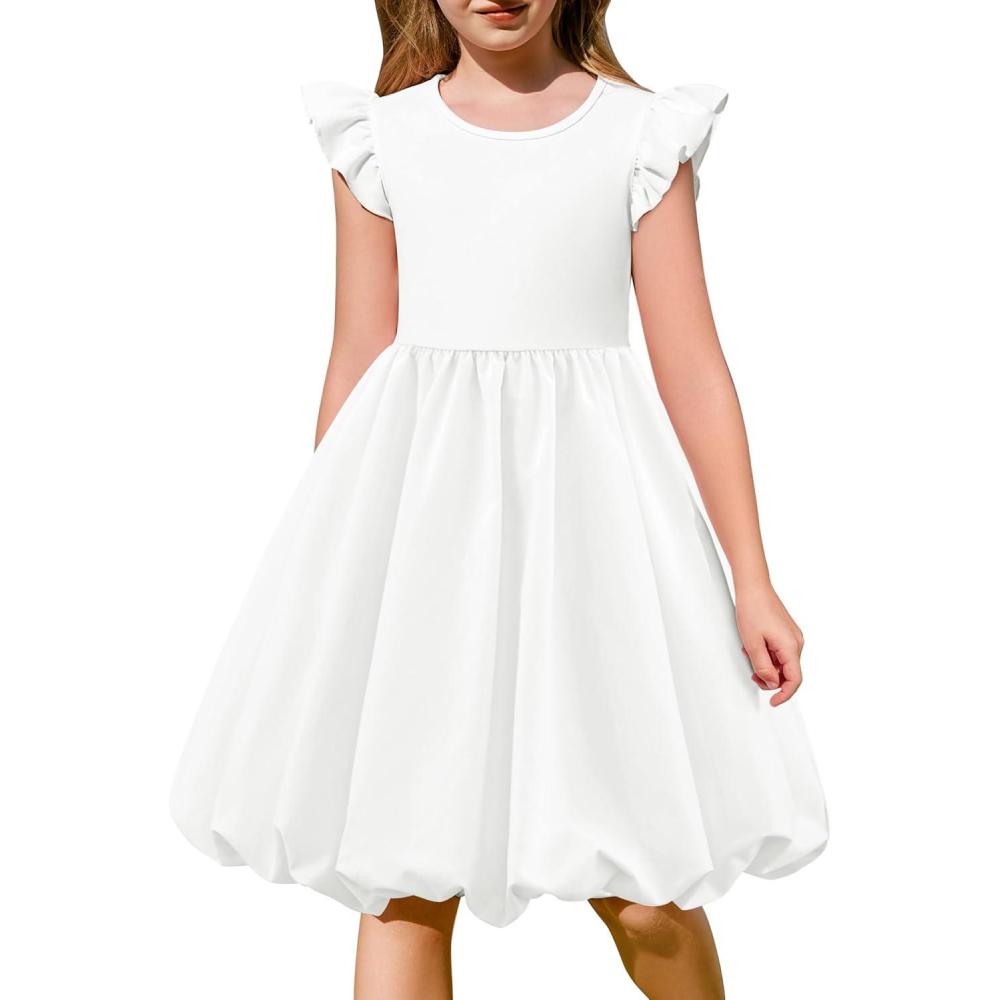 imageArshiner Tween Girls Summer Bubble Dress Ruffle Sleeve Casual Party Midi DressesWhite