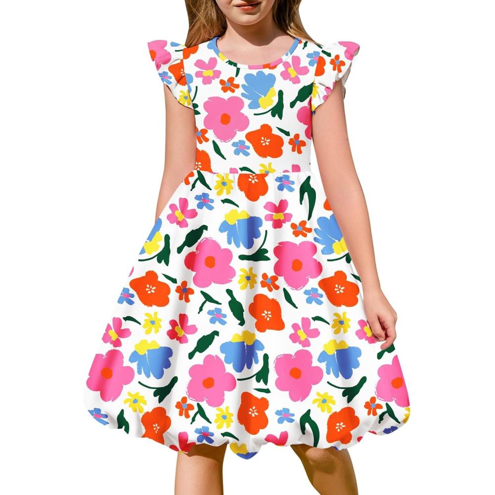 imageArshiner Tween Girls Summer Bubble Dress Ruffle Sleeve Casual Party Midi DressesWhite Floral