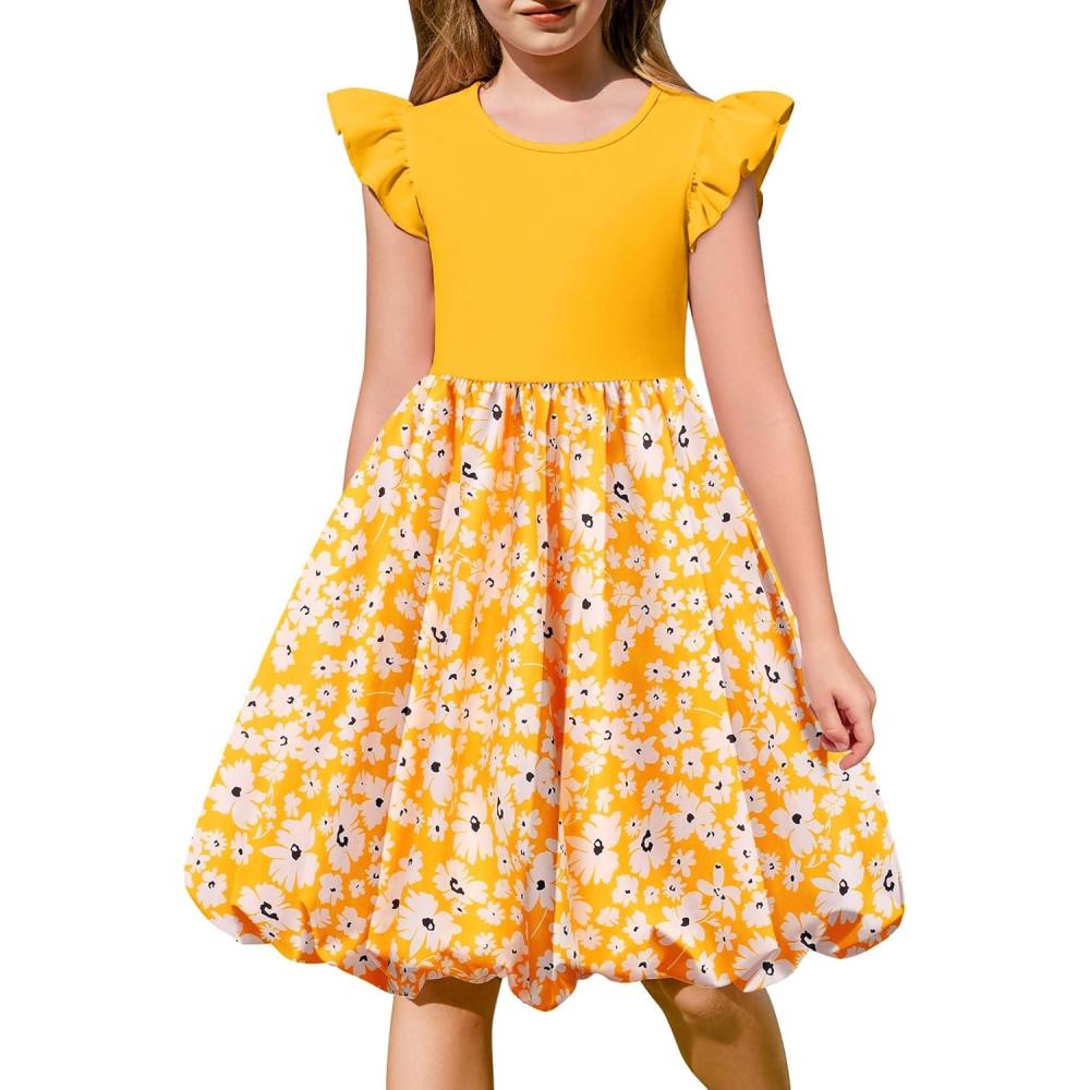 imageArshiner Tween Girls Summer Bubble Dress Ruffle Sleeve Casual Party Midi DressesYellow Floral