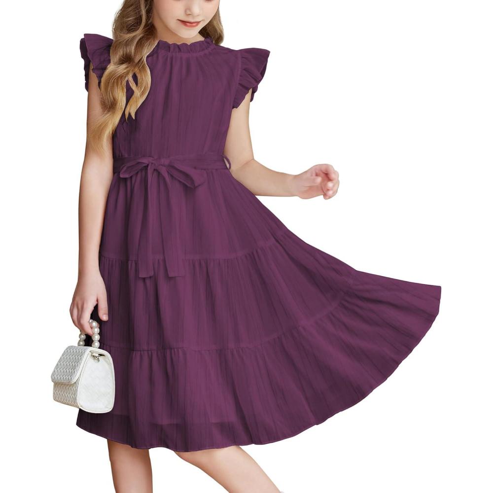 imageArshiner Tween Girls Summer Dress Formal Ruffle Sleeve A Line Casual Elegant Dresses with BeltDark Purple