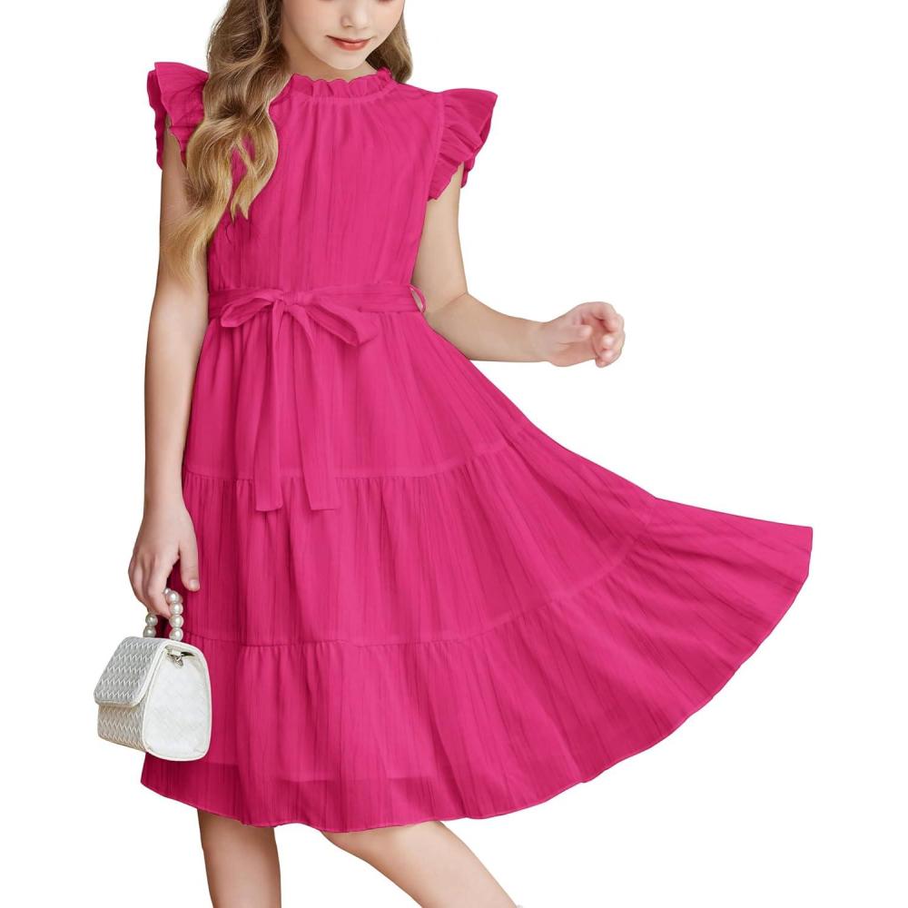 imageArshiner Tween Girls Summer Dress Formal Ruffle Sleeve A Line Casual Elegant Dresses with BeltHot Pink
