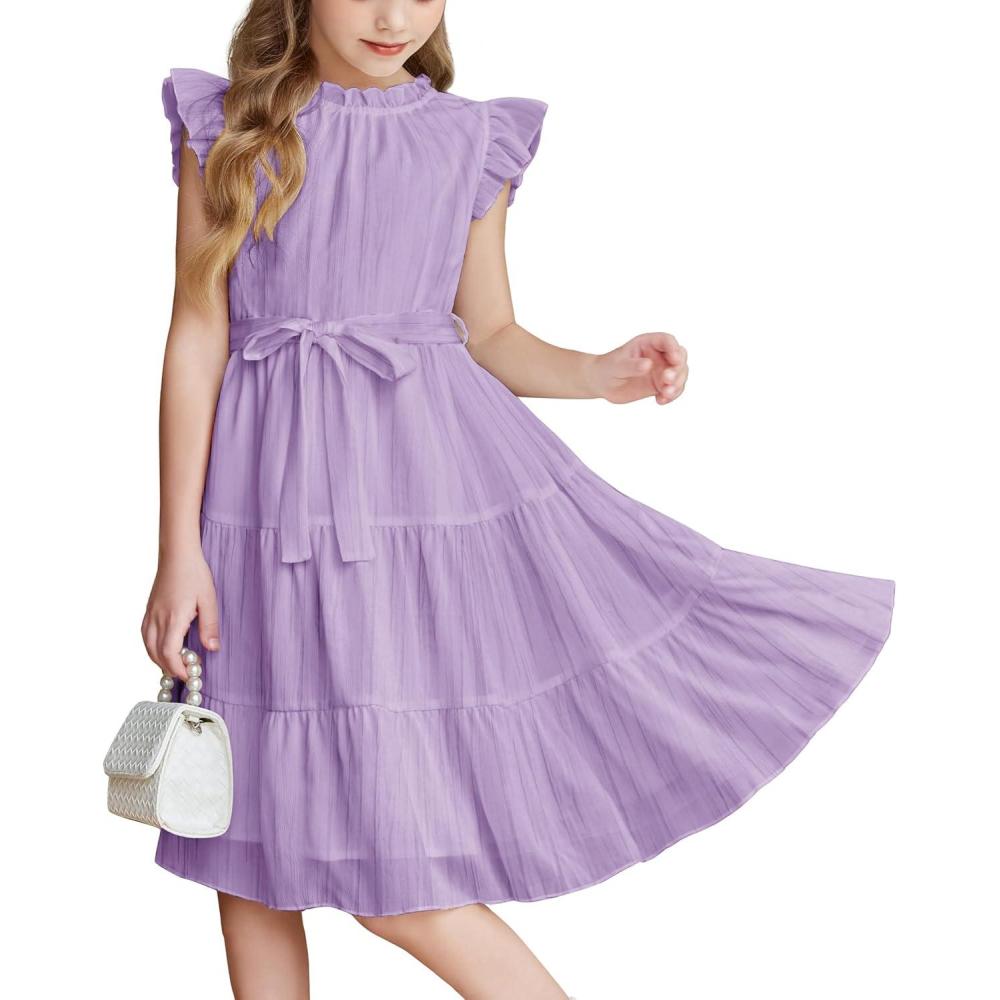 imageArshiner Tween Girls Summer Dress Formal Ruffle Sleeve A Line Casual Elegant Dresses with BeltLavender