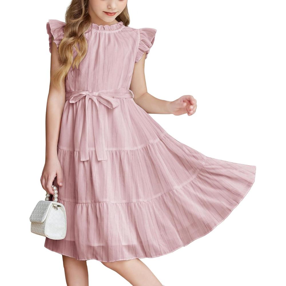 imageArshiner Tween Girls Summer Dress Formal Ruffle Sleeve A Line Casual Elegant Dresses with BeltLight Pink