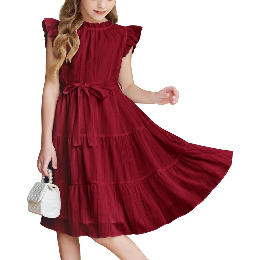 imageArshiner Tween Girls Summer Dress Formal Ruffle Sleeve A Line Casual Elegant Dresses with BeltRed