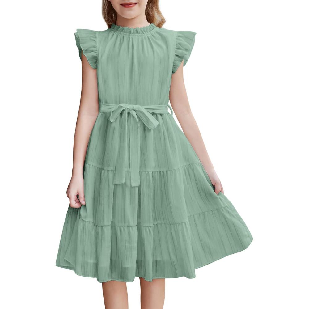 imageArshiner Tween Girls Summer Dress Formal Ruffle Sleeve A Line Casual Elegant Dresses with BeltSage Green