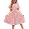 Arshiner Girl’s Casual Dress Summer Scoop Neck Short Sleeve Flowy Print and Plain Sundress for Kids 4-14Y(0-pink)