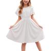 Arshiner Girl’s Casual Dress Summer Scoop Neck Short Sleeve Flowy Print and Plain Sundress for Kids 4-14Y(0-white)