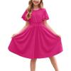 Arshiner Girl’s Casual Dress Summer Scoop Neck Short Sleeve Flowy Print and Plain Sundress for Kids 4-14Y(Hot Pink)