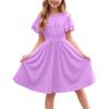Arshiner Girl’s Casual Dress Summer Scoop Neck Short Sleeve Flowy Print and Plain Sundress for Kids 4-14Y(Lavender)