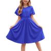 Arshiner Girl’s Casual Dress Summer Scoop Neck Short Sleeve Flowy Print and Plain Sundress for Kids 4-14Y(Royal Blue)