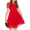 Arshiner Girls Dress Contrast Mesh Puffy Short Sleeve A Line Casual Party Dress 3-12 Years(Red)