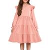 Arshiner Girls Dress Fall Ruffle Sleeve Tiered Flared Flowy Midi Dresses with Pockets(Long Sleeve – Pink)