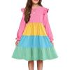 Arshiner Girls Dress Fall Ruffle Sleeve Tiered Flared Flowy Midi Dresses with Pockets(Long Sleeve – Rainbow Color)
