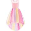 Arshiner Girls Dresses Formal Party Wedding Tulle Sleeveless Contrast Mesh High Low Dress with Belt(Rainbow Pink)