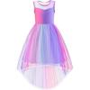 Arshiner Girls Dresses Formal Party Wedding Tulle Sleeveless Contrast Mesh High Low Dress with Belt(Rainbow Purple)