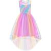 Arshiner Girls Dresses Formal Party Wedding Tulle Sleeveless Contrast Mesh High Low Dress with Belt(Rainbow Star)