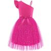 Arshiner Girls Dresses Summer One Shoulder Ruffle Sleeveless Formal Fancy Party Birthday Tulle Dress with Belted(Hot Pink)