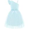 Arshiner Girls Dresses Summer One Shoulder Ruffle Sleeveless Formal Fancy Party Birthday Tulle Dress with Belted(Light Blue)