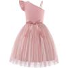 Arshiner Girls Dresses Summer One Shoulder Ruffle Sleeveless Formal Fancy Party Birthday Tulle Dress with Belted(Pink)
