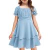 Arshiner Girls Dresses Summer Short Sleeve Off Shoulder Ruffle Tiered Layer Party Dress(Light Blue)