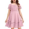 Arshiner Girls Dresses Summer Short Sleeve Off Shoulder Ruffle Tiered Layer Party Dress(Pink)