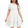 Arshiner Girls Dresses Summer Short Sleeve Off Shoulder Ruffle Tiered Layer Party Dress(White)