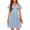 Arshiner Girls Dresses Summer Spaghetti Strap Cold Shoulder Ruffle Button Down A Line Dresses(Blue Stripe)