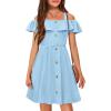 Arshiner Girls Dresses Summer Spaghetti Strap Cold Shoulder Ruffle Button Down A Line Dresses(Light Blue2)