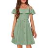 Arshiner Girls Dresses Summer Spaghetti Strap Cold Shoulder Ruffle Button Down A Line Dresses(Light Green)