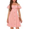 Arshiner Girls Dresses Summer Spaghetti Strap Cold Shoulder Ruffle Button Down A Line Dresses(Light Pink)