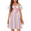Arshiner Girls Dresses Summer Spaghetti Strap Cold Shoulder Ruffle Button Down A Line Dresses(Rainbow Stripe)
