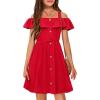 Arshiner Girls Dresses Summer Spaghetti Strap Cold Shoulder Ruffle Button Down A Line Dresses(Red)