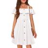 Arshiner Girls Dresses Summer Spaghetti Strap Cold Shoulder Ruffle Button Down A Line Dresses(White)