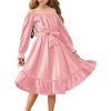 Arshiner Girls Long Sleeve Dresses Fall Party Formal Holiday Swing Flowy Ruffle Midi Dress(Pink)