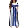 Arshiner Girls Maxi Dress Long/Short Sleeve Casual Holiday Dress with Pockets for 5-13 Years(Short Sleeve Blue Stripe)