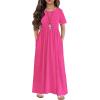 Arshiner Girls Maxi Dress Long/Short Sleeve Casual Holiday Dress with Pockets for 5-13 Years(Short Sleeve Rose Red)