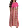Arshiner Girls Maxi Dress Long/Short Sleeve Casual Holiday Dress with Pockets for 5-13 Years(Short Sleeve Rose Red Print)