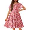 Arshiner Girl’s Summer Dresses Ruffle Short Sleeve Swing Flowy Midi Casual Sundress with Pockets(A Floral Red)