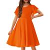 Arshiner Girl’s Summer Dresses Ruffle Short Sleeve Swing Flowy Midi Casual Sundress with Pockets(A Orange)