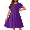 Arshiner Girl’s Summer Dresses Ruffle Short Sleeve Swing Flowy Midi Casual Sundress with Pockets(A Purple)