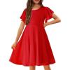 Arshiner Girl’s Summer Dresses Ruffle Short Sleeve Swing Flowy Midi Casual Sundress with Pockets(A Red)