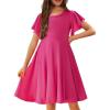 Arshiner Girl’s Summer Dresses Ruffle Short Sleeve Swing Flowy Midi Casual Sundress with Pockets(A Rose Red)