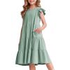 Arshiner Girl’s Summer Dresses Ruffle Sleeve Tiered Swing Midi Casual Sundress with Pockets(Light Green)