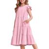 Arshiner Girl’s Summer Dresses Ruffle Sleeve Tiered Swing Midi Casual Sundress with Pockets(Pink)