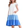 Arshiner Girl’s Summer Dresses Ruffle Sleeve Tiered Swing Midi Casual Sundress with Pockets(White & Blue)