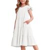 Arshiner Girl’s Summer Dresses Ruffle Sleeve Tiered Swing Midi Casual Sundress with Pockets(White)