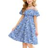 Arshiner Girls Summer Floral Ruffle Sundress Cold Shoulder Casual Holiday Dresses(Blue Ditsy Floral)