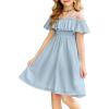 Arshiner Girls Summer Floral Ruffle Sundress Cold Shoulder Casual Holiday Dresses(Light Blue)